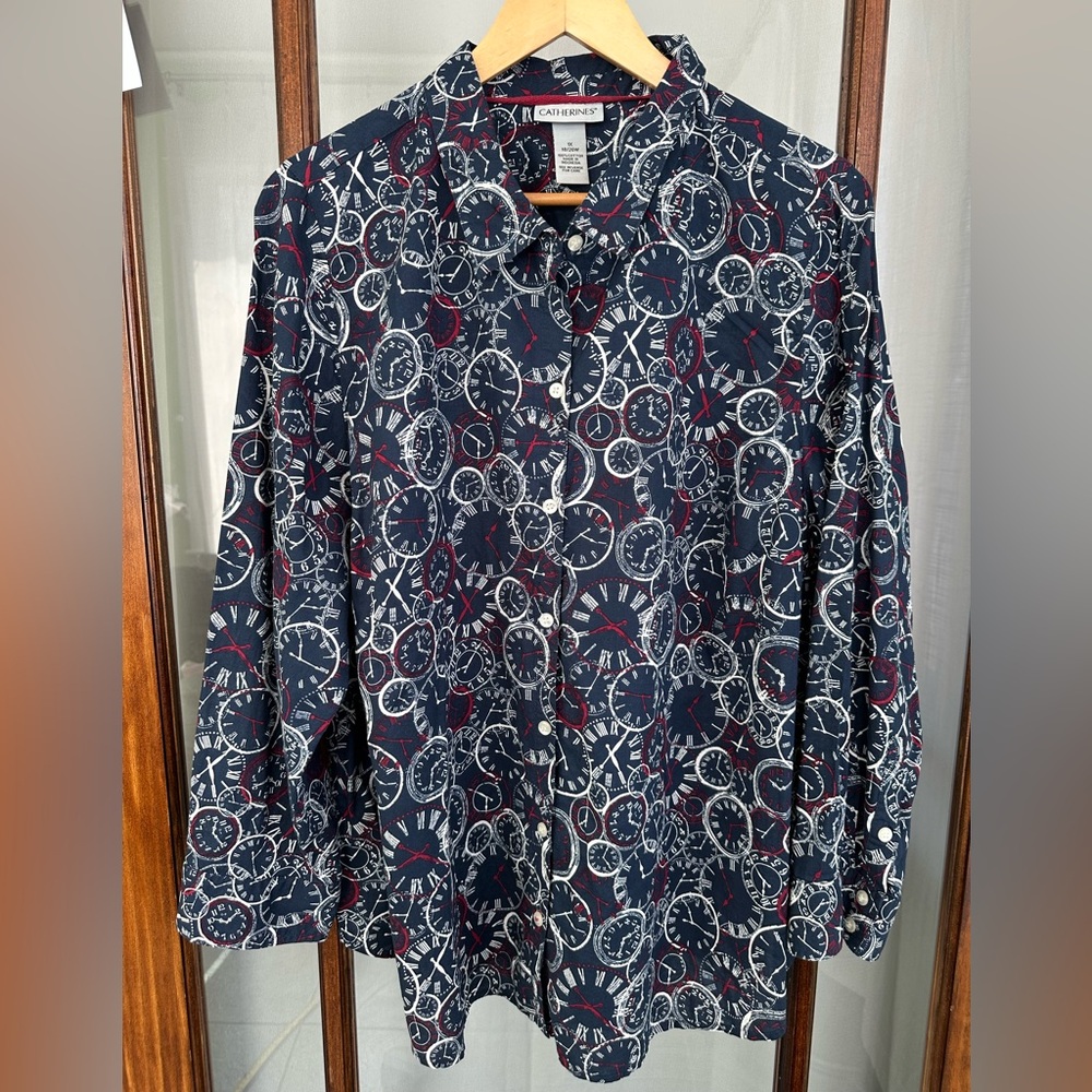Catherines Womens 1X Blouse Blue White Print Clocks Button-Up Collared V-Neck